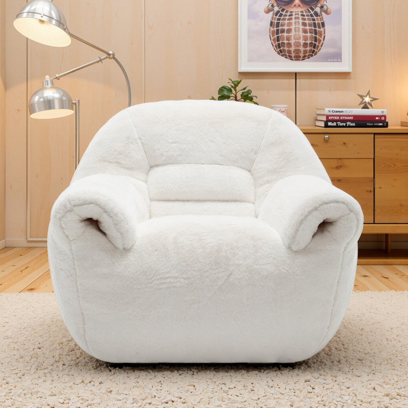 Compression 42.5" W Velvet Adult Bean Bag Chair With Storage Armrest, Ivory Velvet