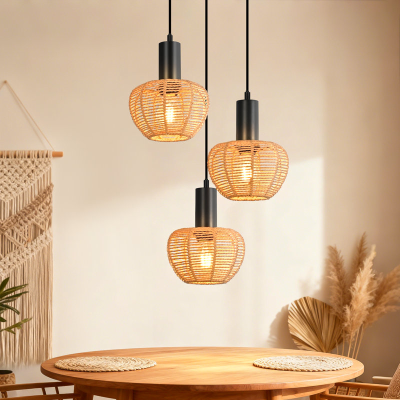 Boho 3-Light Woven Kitchen Island Pendant
