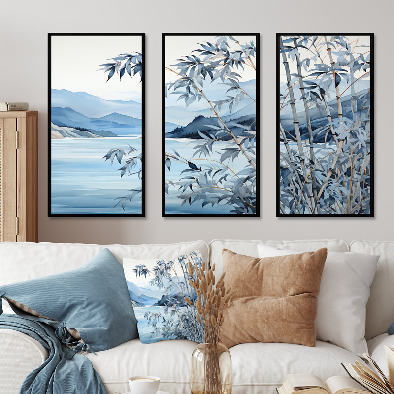 «Blue Bamboo Tranquility 1 - China Art», art mural, H 28 po x l 36 po x P 1 po, Cadre flottant noir