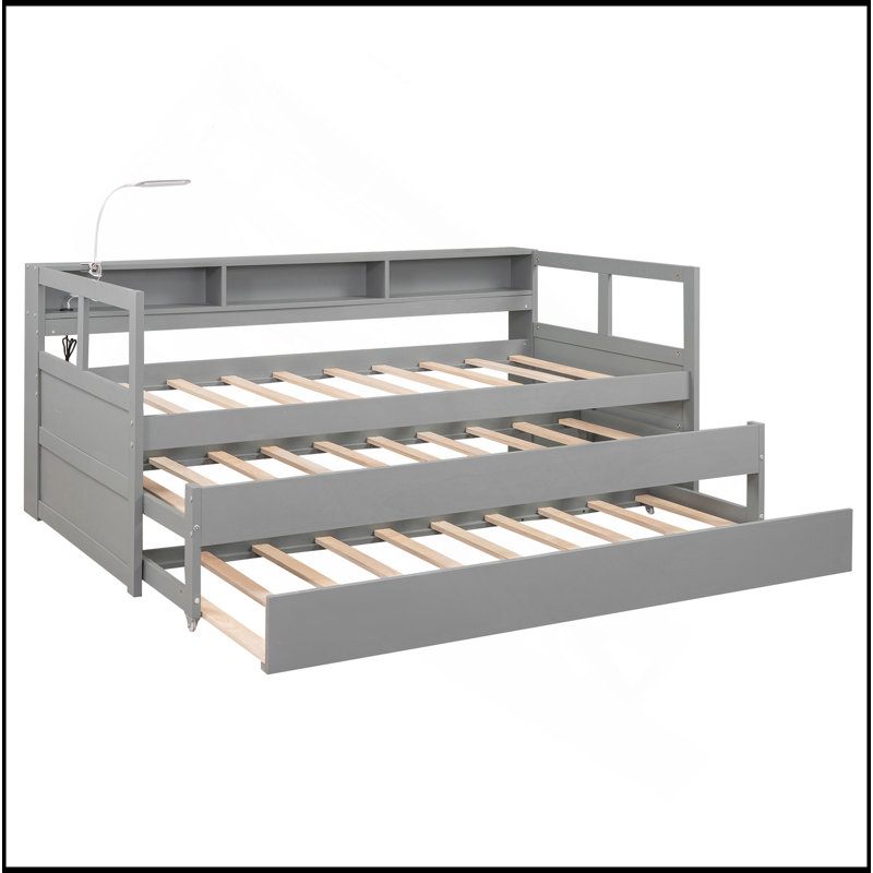 Twin Wood Daybed With 2 Trundles, 3 Storage Cubbies, 1 Light For Free And USB Charging Design, Gray
