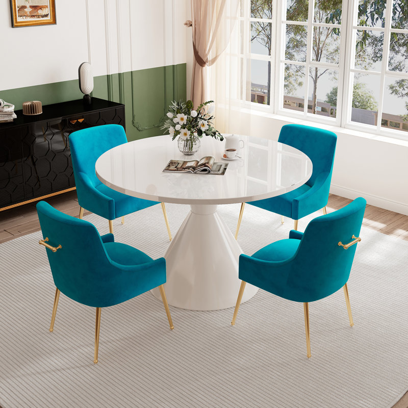 Magallanes 4 - Person Round Table Dining Set with Velvet Dining Chairs, White, Light Blue
