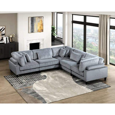 Salon modulaire 5 pièces en velours côtelé gris, 2 chaises sans accoudoirs et 3 sièges d'angle, coussins moelleux, fabrication en contreplaqué de bois massif, rembourrage en mousse, coussins de dossier et de siège réversibles, amovibles