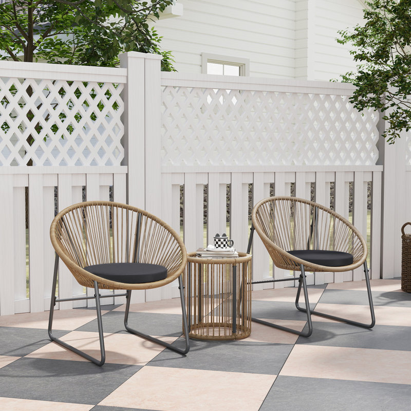 Ensemble de mobilier de patio en osier 3 pièces, ensemble bistro avec coussins