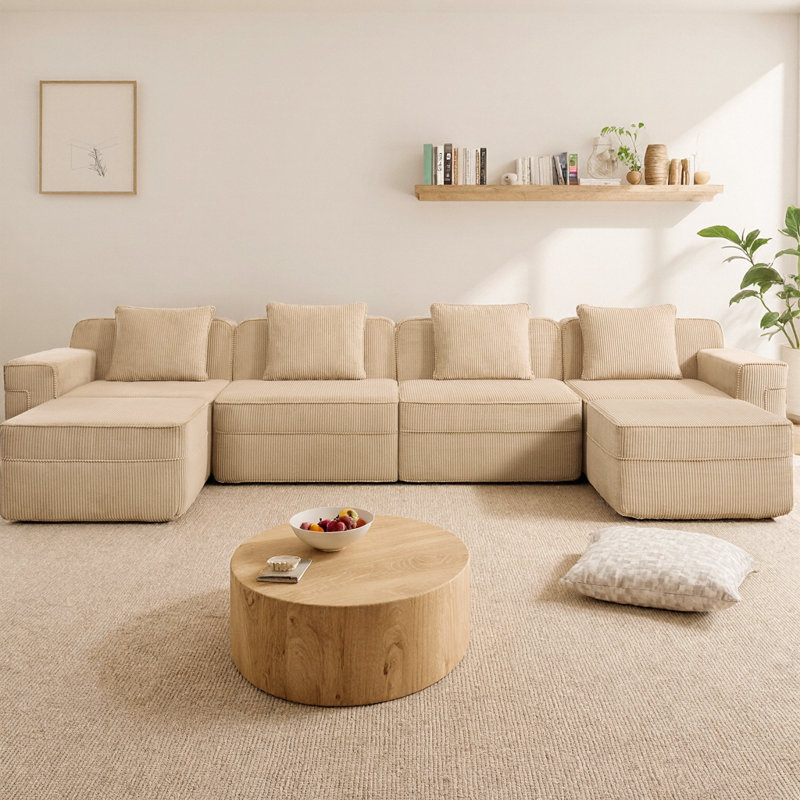 Modular 4-Seat U-Shaped Sectional Boneless Sofa, Cloud Couch with Deep Seating & 2 Movable Ottomans, Modern Corduroy Fabric Sectional with Throw Pillows for Living Room
