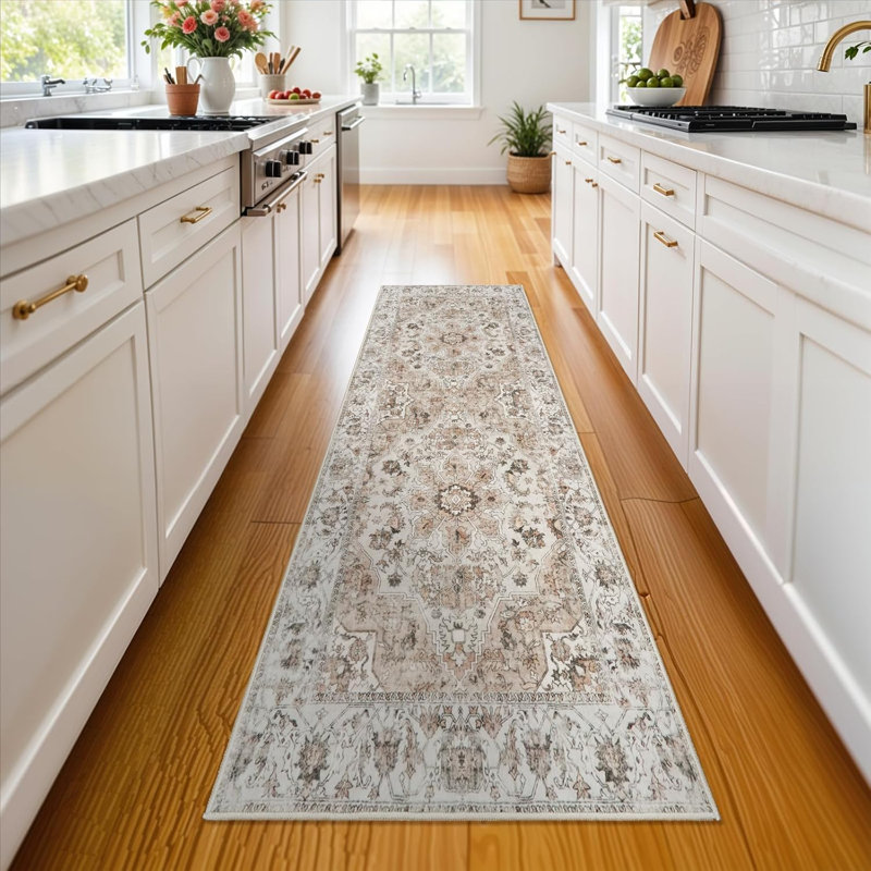 Washable Hallway Rug: Non Slip Rugs with Rubber Backing Soft Kitchen Rug Farmhouse Distressed Carpet for Living Room Bedroom Bathroom (Beige)