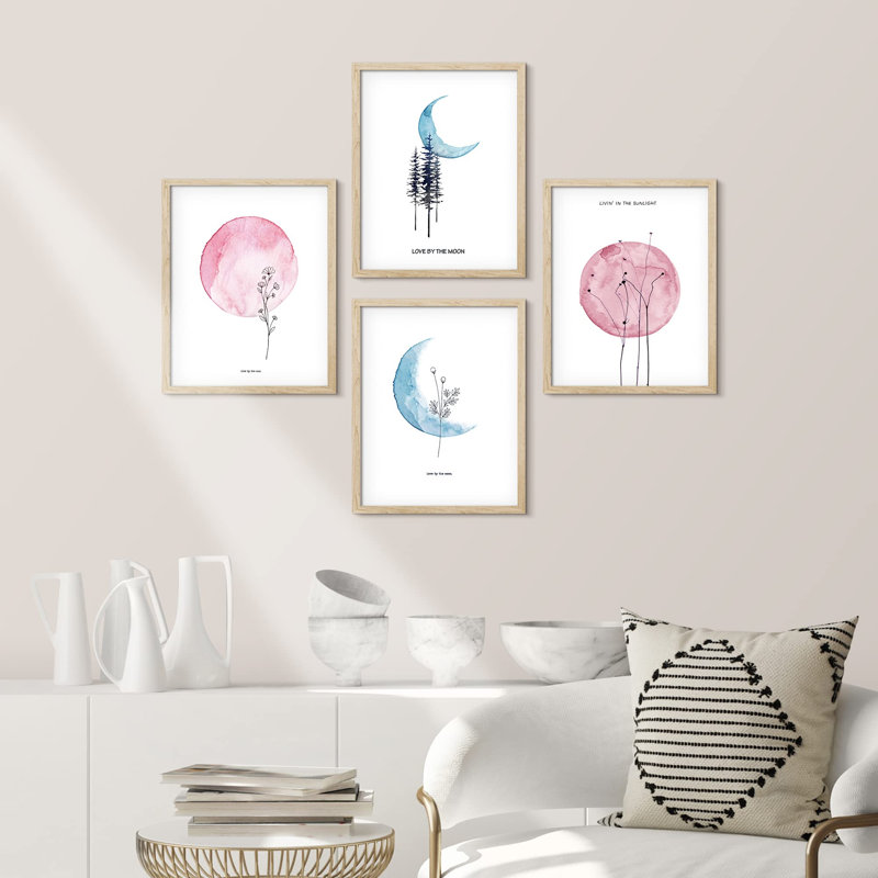 «Pastel» rose et bleu, aquarelle de plantes de la forêt de la Lune, impression encadrée sur papier, 4 pièces, Naturel
