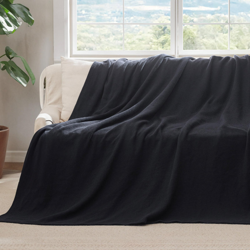 Bedsure 100% Cotton Blanket Soft Cozy Textured Herringbone Woven Blanket for All Seasons, King, Black