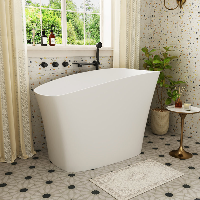 CASAINC 51" Solid Surface Freestanding Soaking Bathtub With Built-in Seat