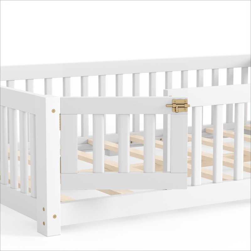 Lit double pour enfant avec garde-corps de sécurité et porte d'entrée, fabrication en contreplaqué de pin, blanc doux, Blanc
