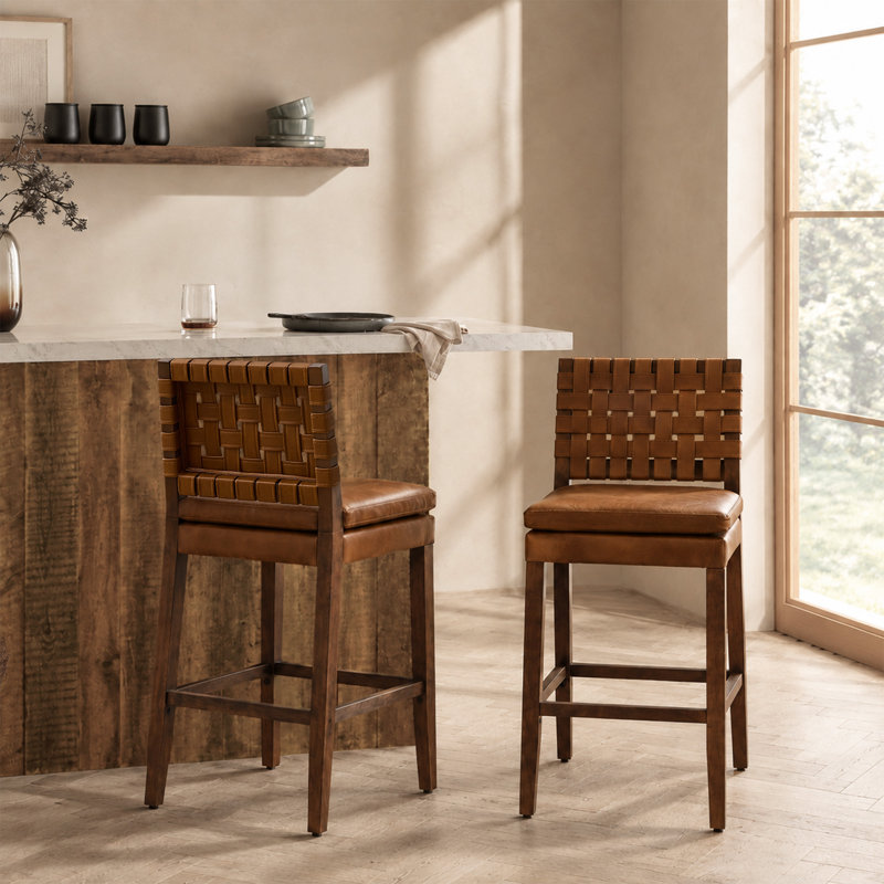 Tabouret de bar en bois massif avec dossier rembourré Modern, Brun, 26