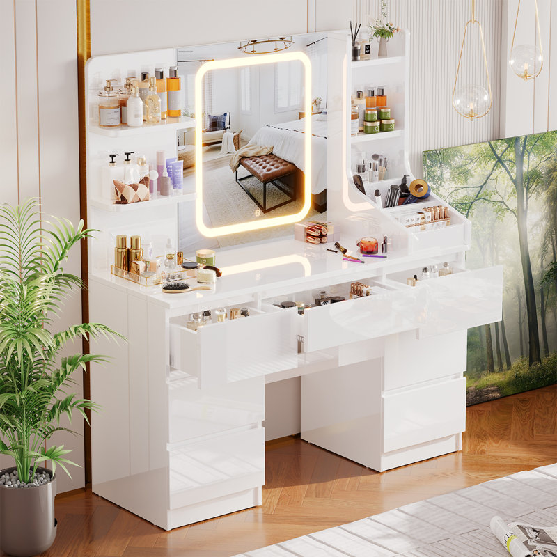Dressing Table With 3 Colorful Light Mirror High- Makeup Desk 110Cm Desktop Vanity Table, Glossy White
