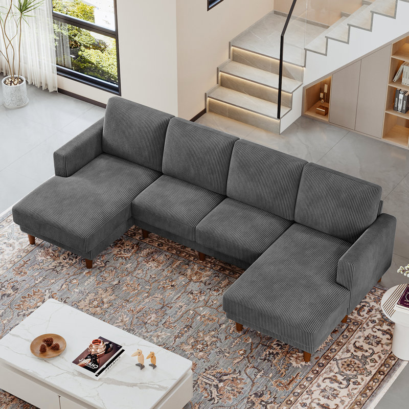 4 Seater Corduroy Sofa & Chaise, Grey