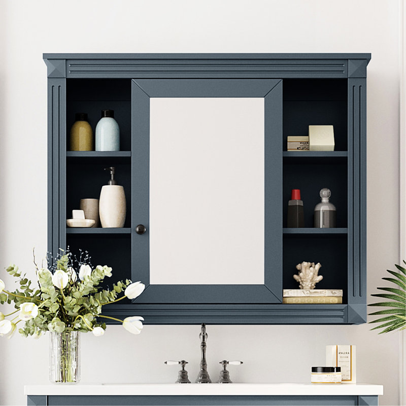 Rangement mural pour salle de bain - 35 po x 28 po avec miroir, intimité dissimulée, nombreux matériaux de l'armoire, construction, couleur bleue