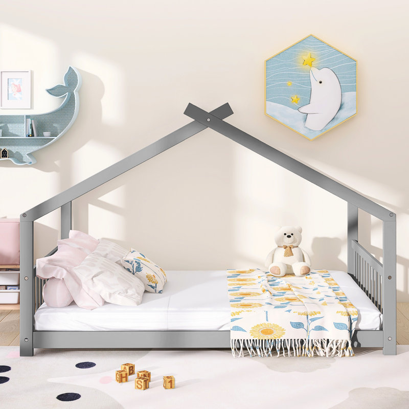 Lit en bois gris de taille double - un grand espace pour jouer et dormir, avec une structure solide sur le toit, un lit de 53,9 po de hauteur, un endroit de repos nécessaire, L 80,7 po de long