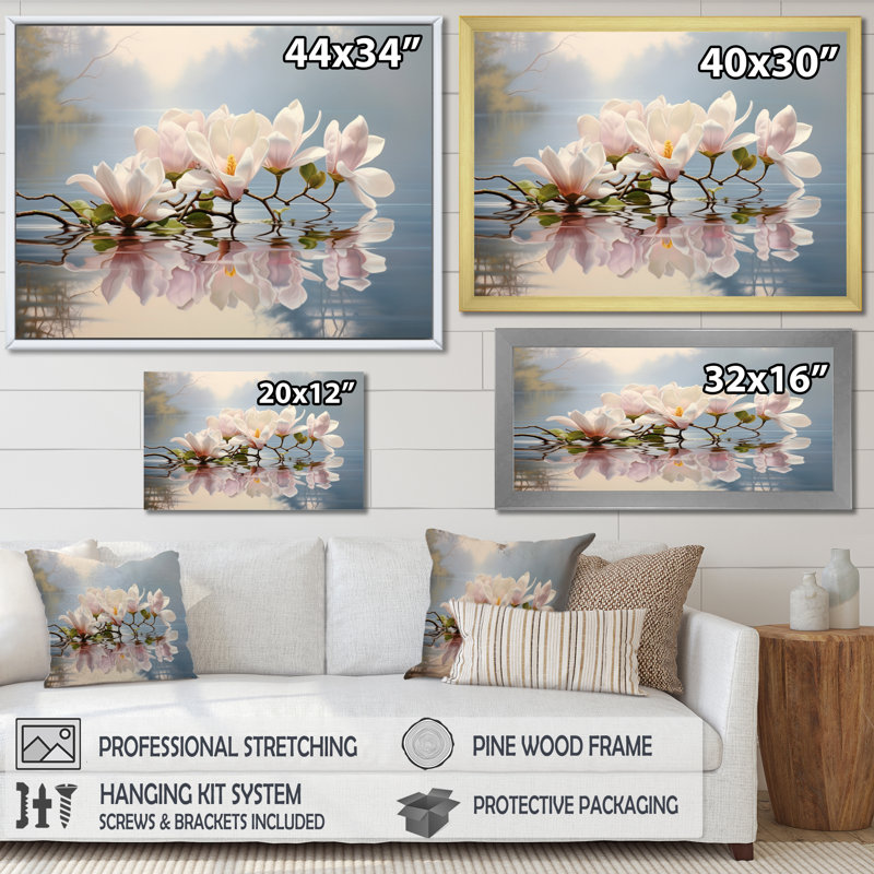 Blanc blanc gris Magnolias Magnolia Reflections I - Magnolias, art mural, H 24 po x l 32 po x P 1 po, Toile tendue