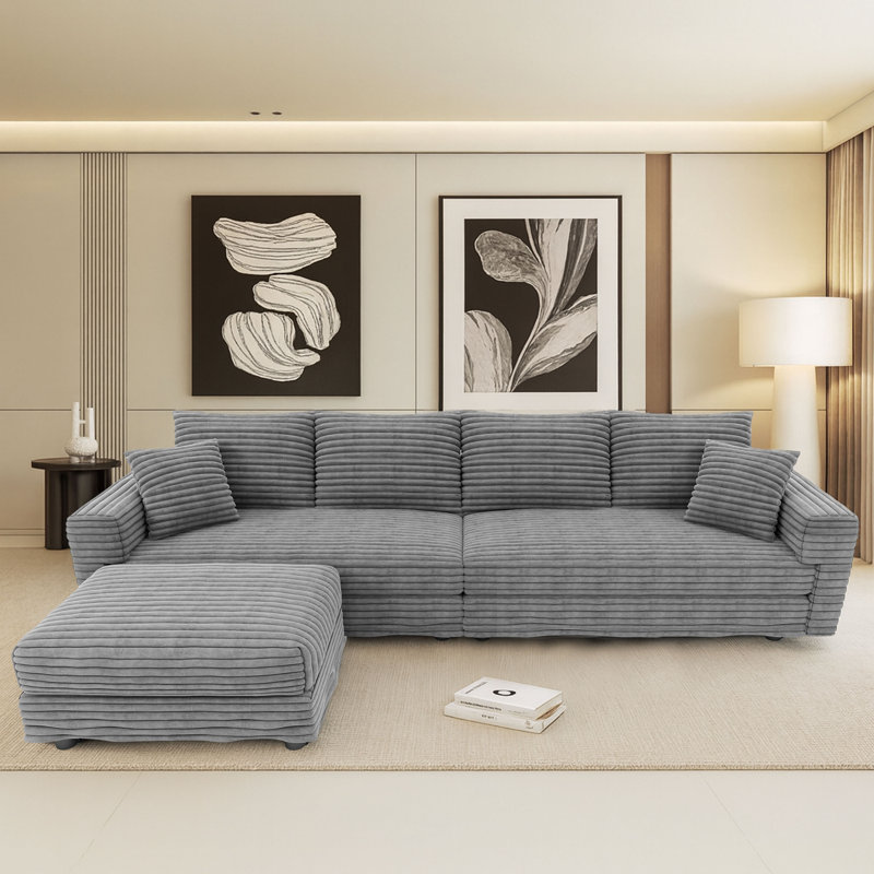 Modern Corduroy Fabric Upholstered 4-Seater Sectional Sofa with an Ottoman, Gray, 35.35" H x 102.42" W x 66.94" D