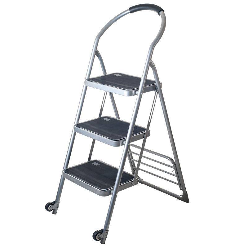 Stalwart Step Stool - Folding Ladder with Handrails, Attachable Tool Bag, Nonslip - 330lbs Capacity, Silver
