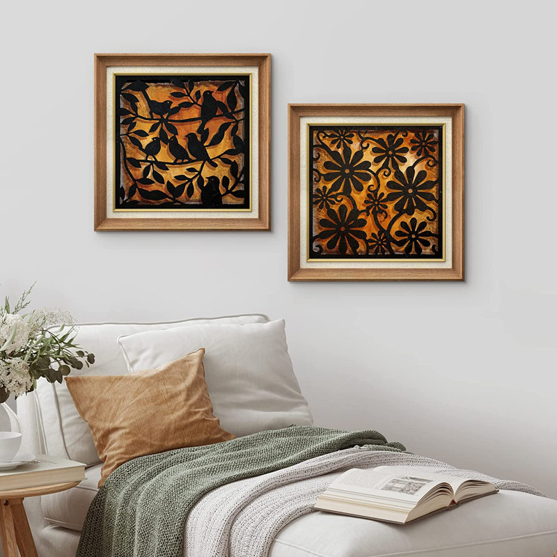 Automne, fleur noire et orange - ensemble de 2 peintures sur toile encadrées, Naturel