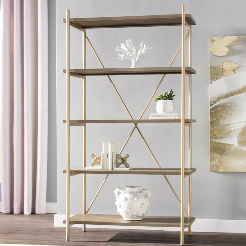 Étagère à livres en fer H 72 "x l 40" Atronna, Or / Chêne Rustique