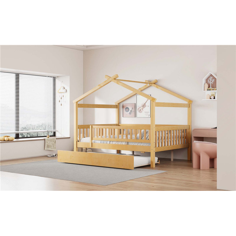 Lit en bois avec lit gigogne simple, Naturel, Lit double