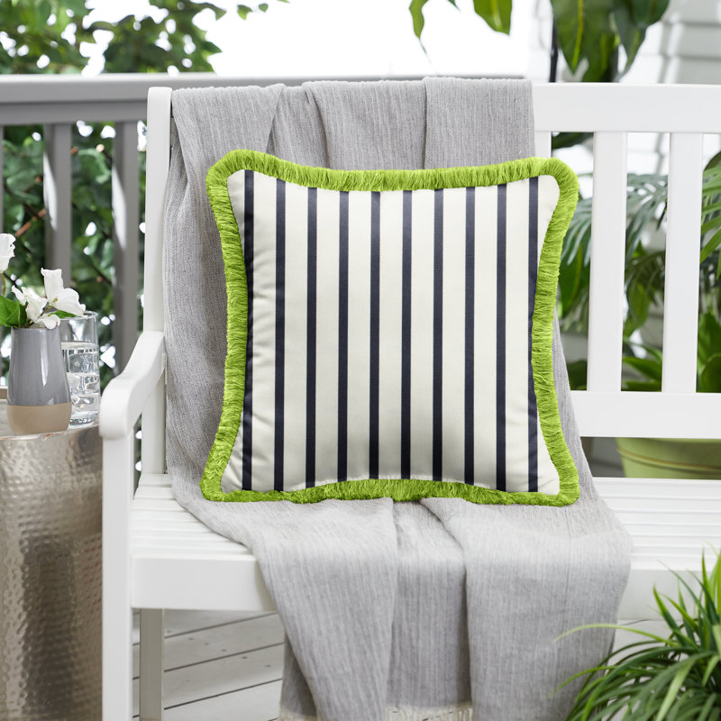 Fringed Outdoor Throw Pillow, Blue/White