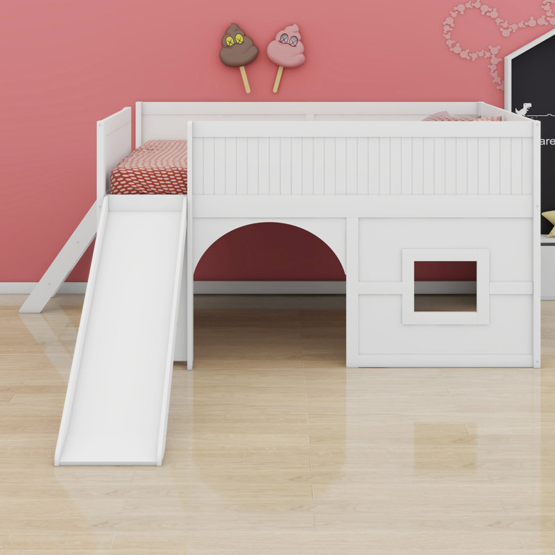 Lit mezzanine bas combiné avec glissade et tablettes, Blanc
