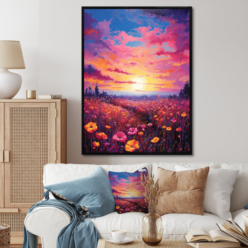 Impression sur toile «Full Moon Magic Over Blossoming Flower Meadows I», H 32 po x l 24 po x P 1 po, Cadre flottant noir