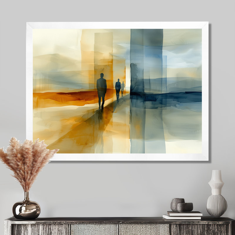 Abstrait marchant vers l'inconnu II - art mural transitionnel abstrait moderne, H 16 po x l 32 po, Avec cadre, Blanc