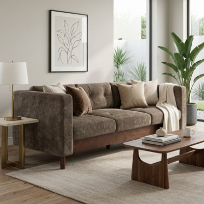 Modern 3 Seater Chenille Upholstered Couch, Tufted Pillow Back Sofa with Square Arms for Living Room & Apartment