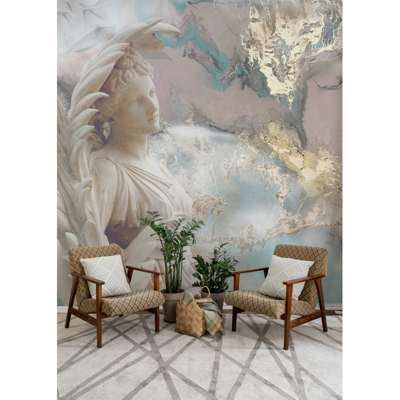 Statue ange, papier peint en marbre pastel, L 37 po x l 56 po
