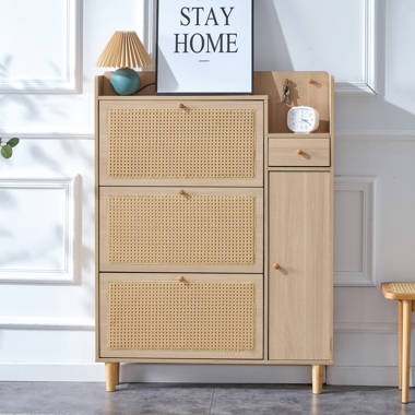 Rattan Shoe Cabinet with 4 Flip Drawers & 1 Mirror Storage Cabinet, Shoe Storage Cabinet Bayou Breeze