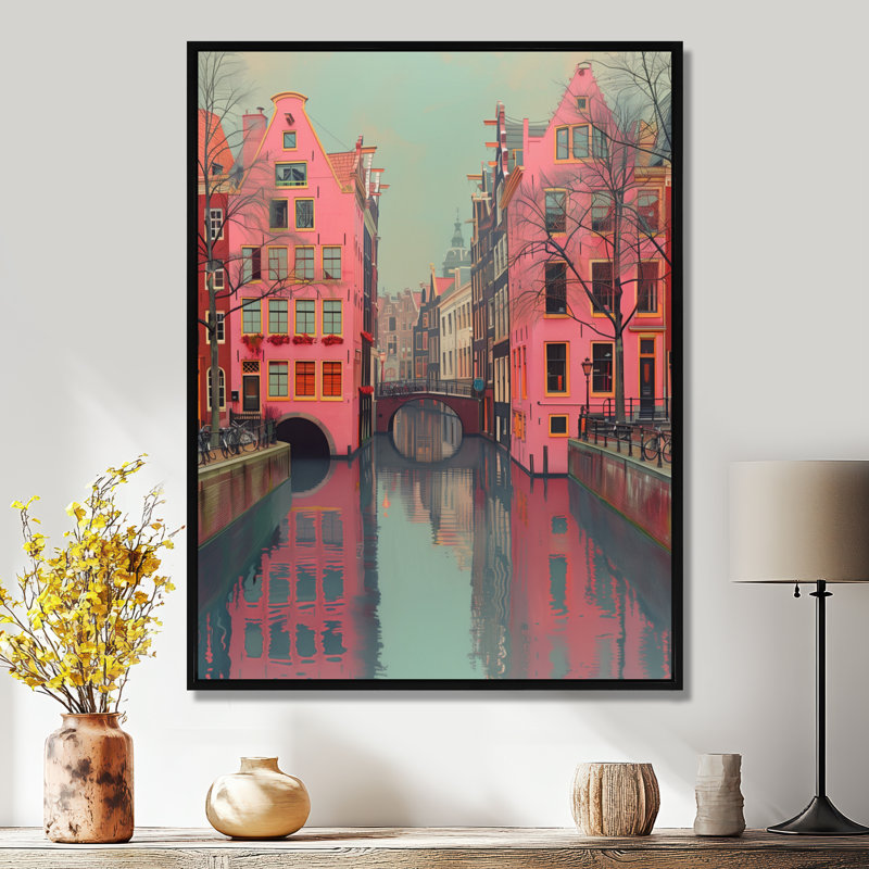 «Amsterdam Pink Grey Canal Photo I», reproduction d'art murale, Toile avec cadre flottant noir, H 20 po x l 12 po x P 1 po