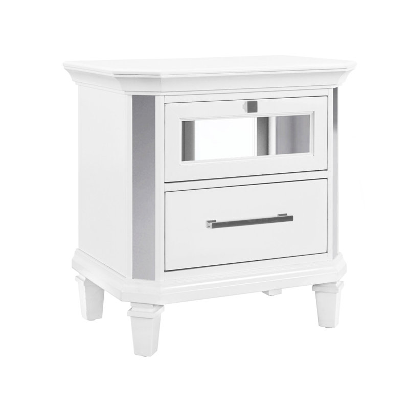 Table de chevet moderne avec détails en miroir et fabrication en bois à finition blanche à 2 tiroirs pour la décoration