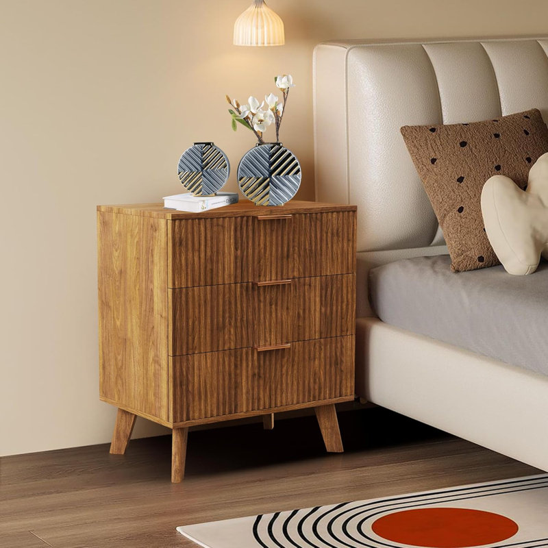 Table de chevet moderne Mid-Century avec 3 tiroirs, pieds en bois massif, finition noyer, table de chevet contemporaine pour chambre à coucher, salon, dortoir