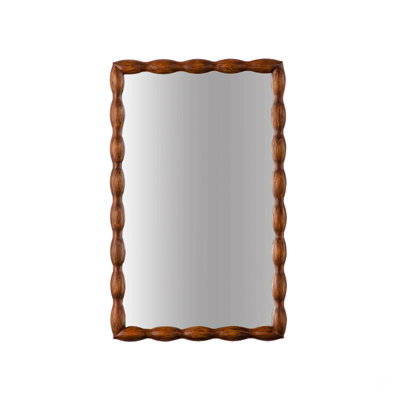 36.02" Mid-Century Modern Swirl Wood Frame Mirror - Solid Wood & MDF Wall-Mounted Full-Length Mirror, Brown Decorative Mirror for Bedroom/Living Room