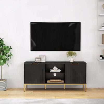 Modern TV Stand with Wave-Design Doors and Golden Legs in Black and Gold
