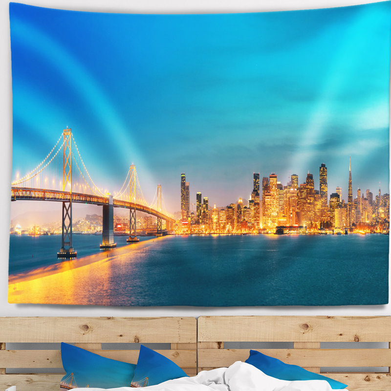 Cityscape de l’horizon san francisco de polyester au tapisserie de nuit avec accessoires suspendus inclus, H 78 po x l 92 po