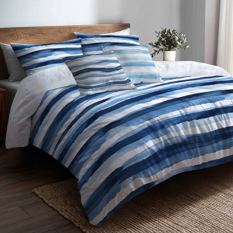 Ensemble d'édredon rayé de 6 - Horizon bleu et blanc moderne avec taies décoratives et coussins décoratifs