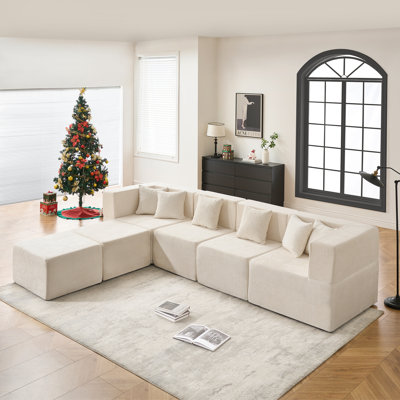 Canapé modulaire en nuage de 130 po avec 2 repose-pieds, canapé en forme de L pour siège profond, canapé d'angle en chenille moderne, canapé-lit surdimensionné sans assemblage, mobilier de salon surdimensionné, beige