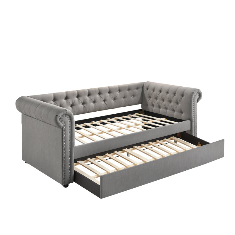Luxurious 1Pc Modern Aesthetic Beautiy Button Tufted Nailhead Trim Design Daybed Built-In Pull-Out Trundle Bed Living Space Guest Room Bedroom