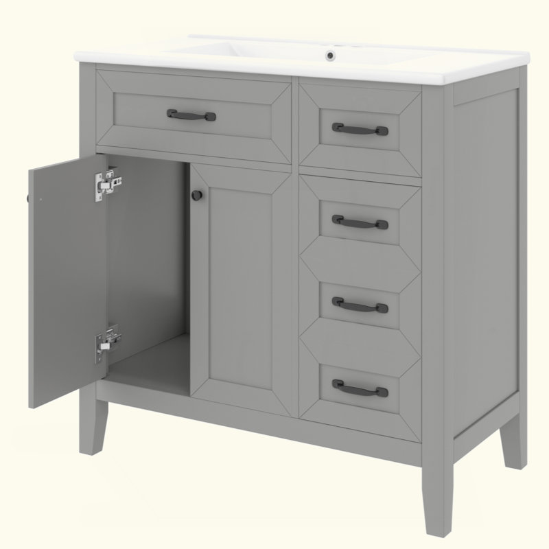 Meuble-lavabo 36 po avec lavabo, armoire de salle de bain grise avec tiroirs, structure solide et panneau de fibres à densité moyenne