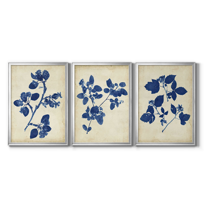 Indigo Leaf Study IV - Toile tendue avec châssis sur mesure - 3 pièces, H 30 po x l 63 po, Argent argent