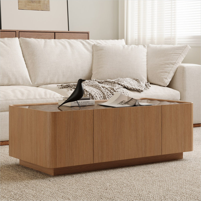 Table basse brune en bois avec plateau en verre, rangement caché et base flottante pour le salon, style Mid-Century, 46,8 pouces