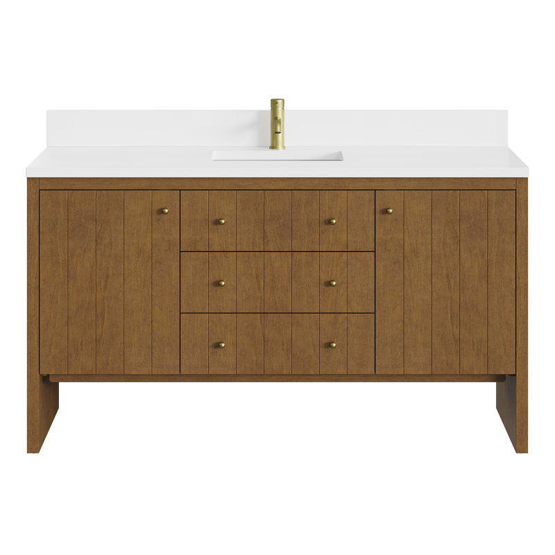 Hudson 60" Single Bathroom Vanity Set, White Zeus, Single-Hole, Honey Brown