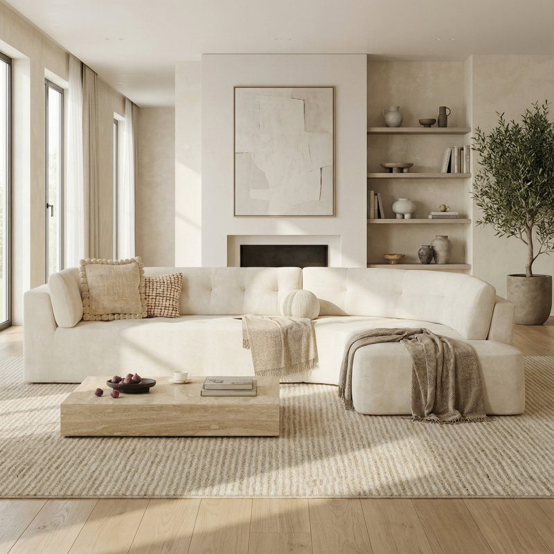 Arcadia Boneless 119" Modern Contemporary Curved Right-Facing Sectional Sofa with Tufted Upholstery, Beige