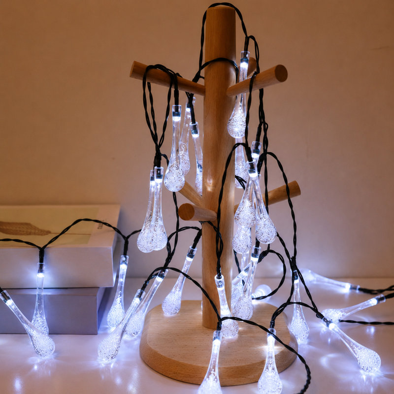 Aman 21.3 ft Solar Powered Water Drop Fairy String Lights with 8 Modes 30 LED Outdoor Waterproof for Garden Patio Decor