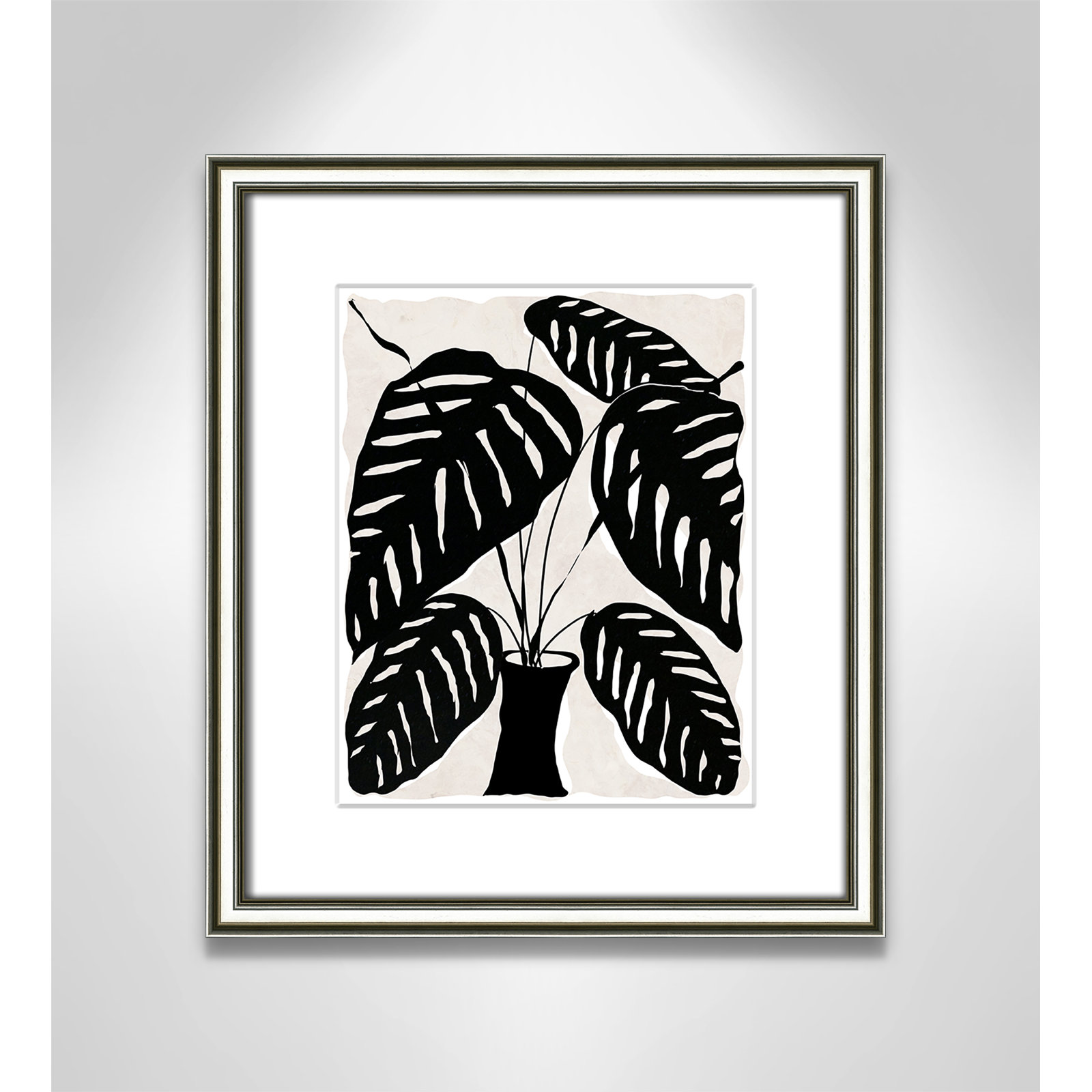 Black and White Potted Plant I Print, 16.25" H x 14.25" W x 0.88" D, Silver Framed