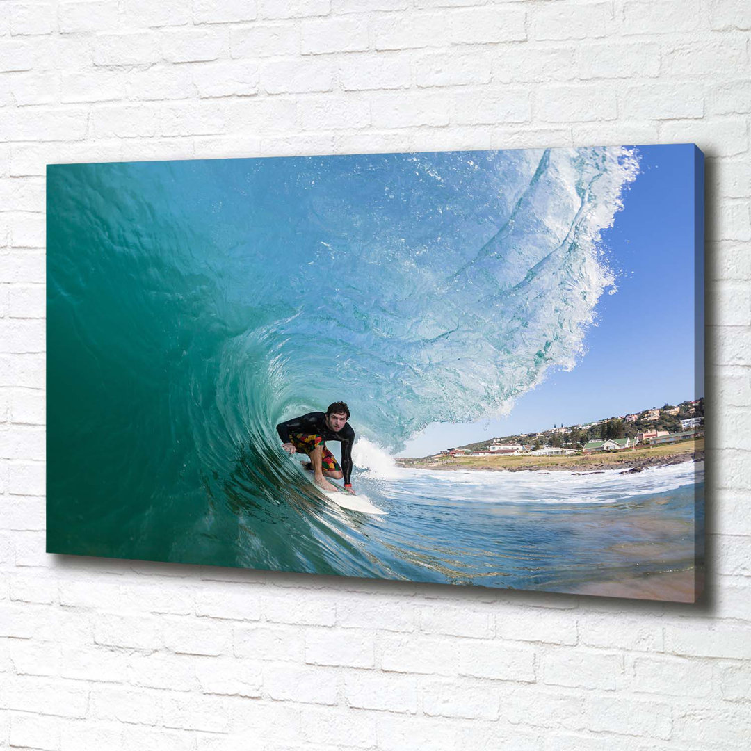 Leinwanddruck - Wandkunst - Drucke auf Leinwand - 100X70 Bildmotiv: Surfer auf Leinwand Die Welle