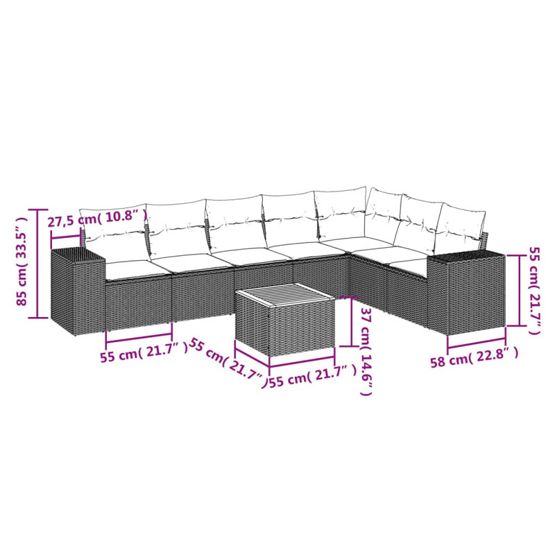 Ensemble de canapé de patio 8 pièces avec coussins en rotin de polyester, Gris, Marine