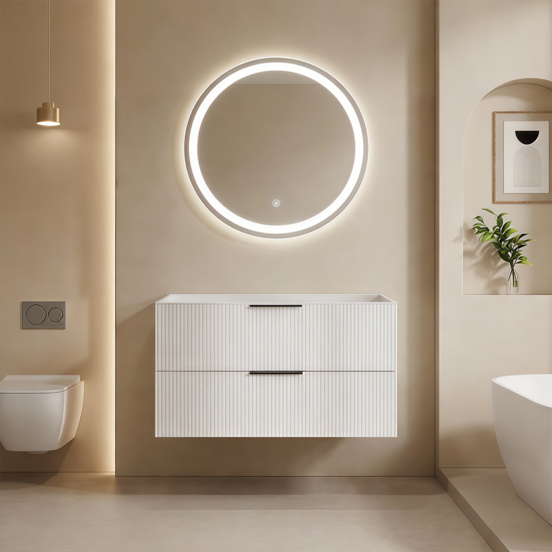 Bathroom Vanity Cabinet with Sink Black Wall Mounted Bathroom Vanities with Ceramic Sink Floating Fluted Sink Vanity with Drawers,Modern